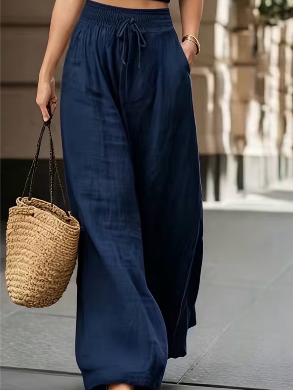 Women's Navy Wide-Leg Drawstring Pants